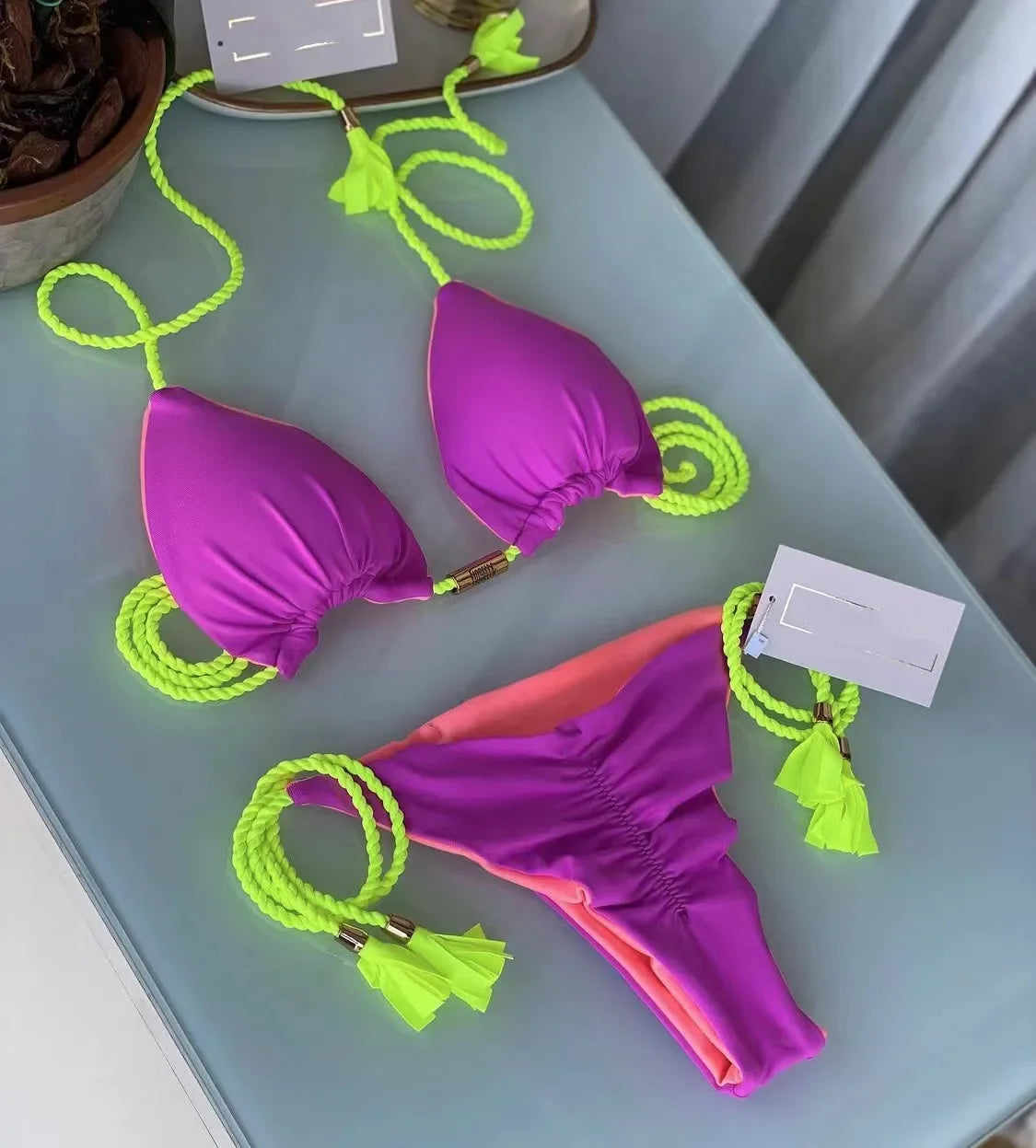 New Women Bikini Backless Rope Triangle Swimsuit Multicolor 8248