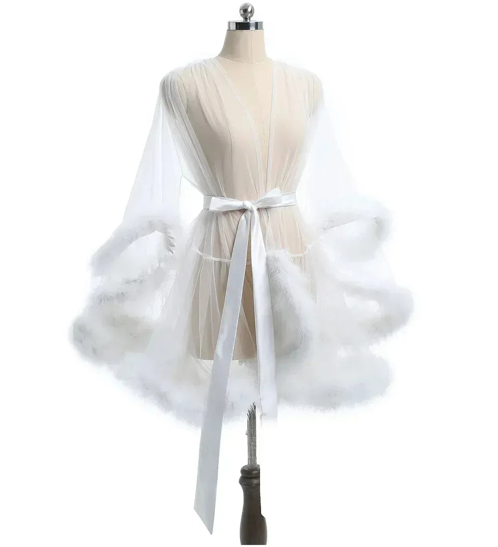 Sexy Feather Robe Large Size Seductive Mesh Perspective Sex Fur Bathrobe Passionate Waist Tightening Robe Dressing Gown Bridal White