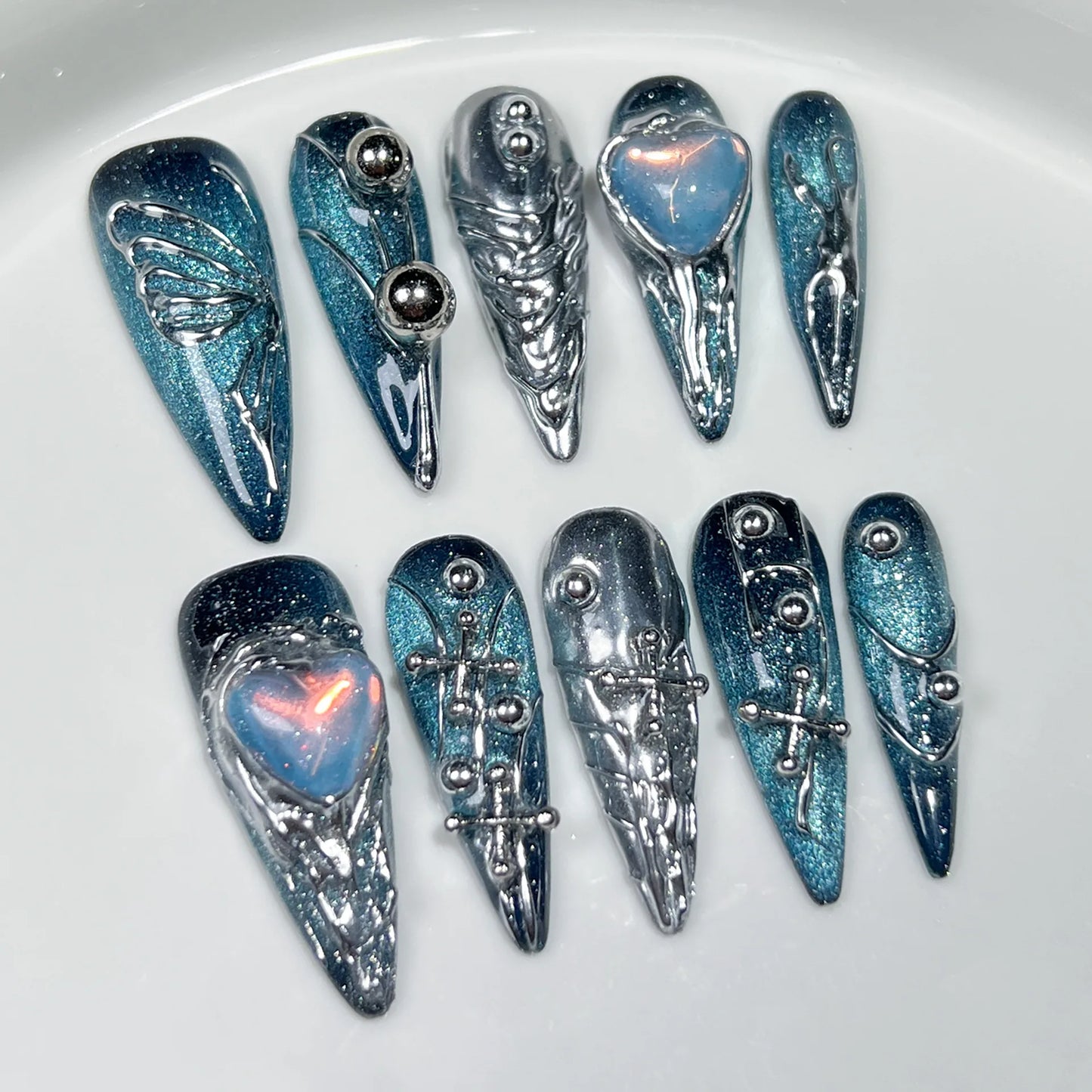 10pcs Ballet Acrylic Long Stiletto Black Glitter Sweet Cool Artificial Nails with Glue Handmade False Nails Y2k Stick on Nails