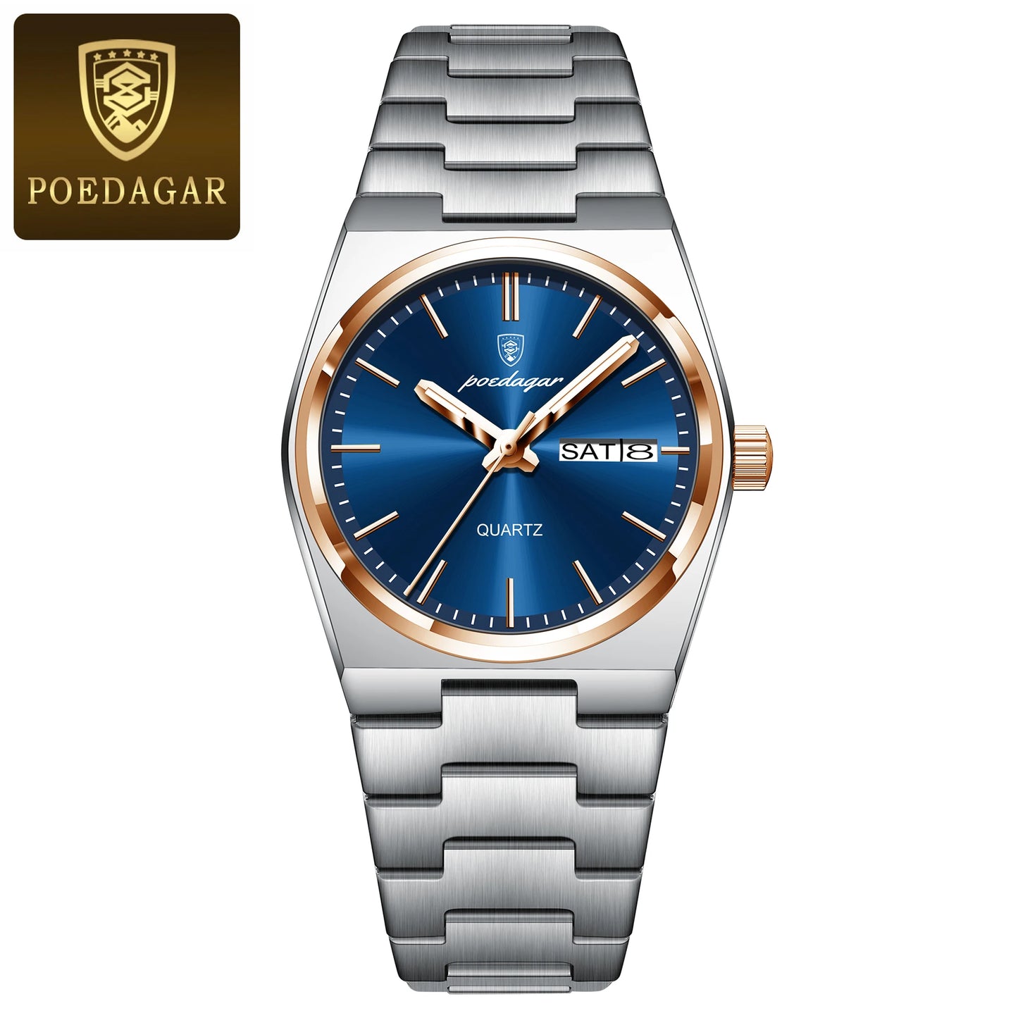 POEDAGAR Original New Woman Watch Stainless Steel Waterproof Luminous Ladies Wristwatch Date Week Elegant Quartz Women's Watches 786 Rose Gold Blue