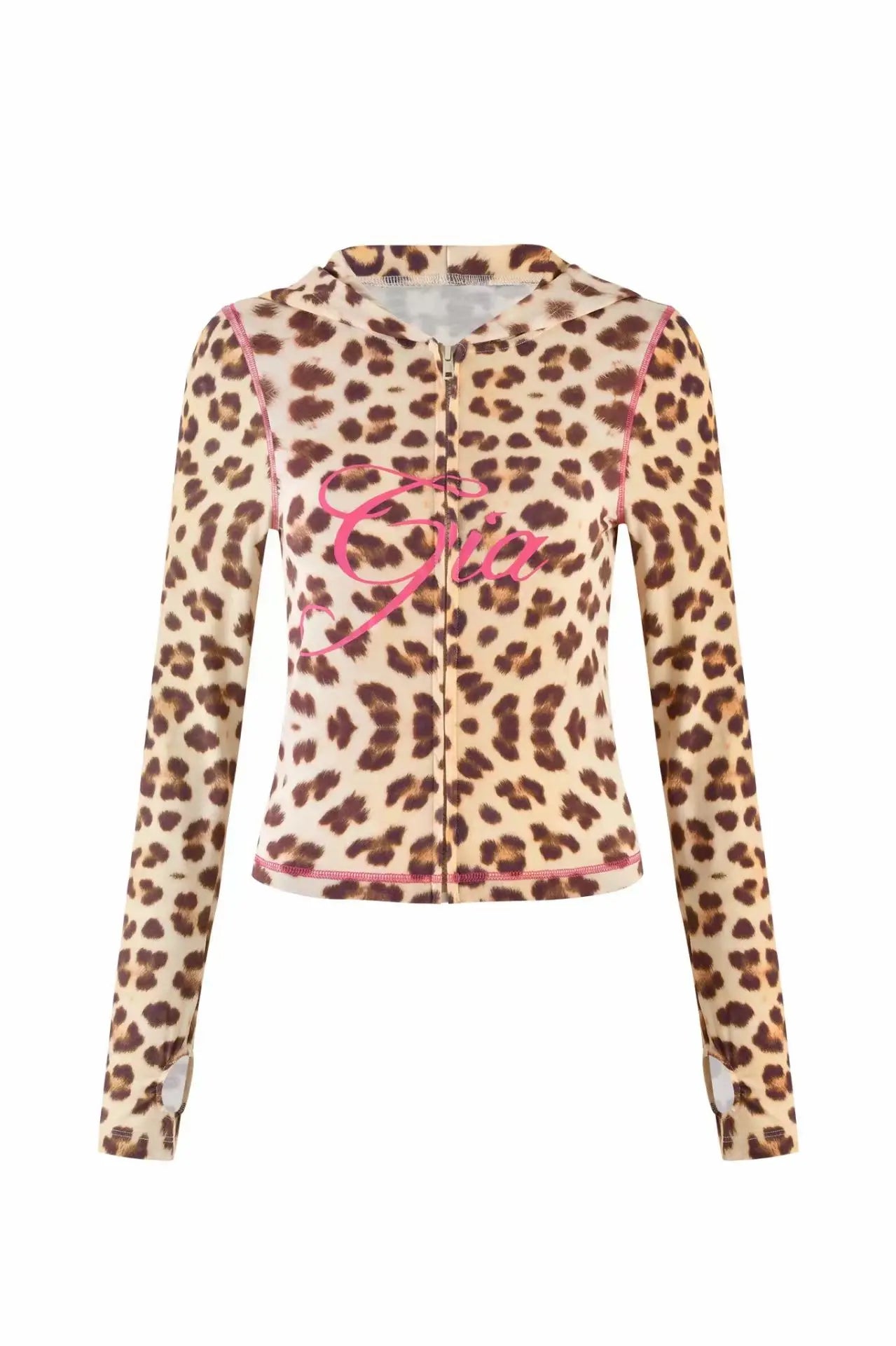 slim fit shoulder floral print bright line design slim fit hooded zipper short jacket pants for women leopard top