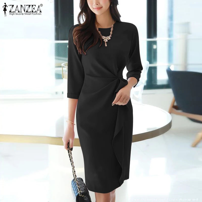 ZANZEA Elegant Office OL Dress Summer Women Half Sleeved Party Sundress Solid Knee Length Robe Fashion Holiday Work Vestidos