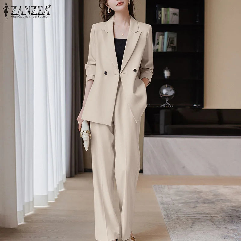 ZANZEA Korean Fashion Blazer Tops 2pcs Suits Autumn 2024 Solid Color Women Elegant Pant Sets Trousers Commute Blazer Suits