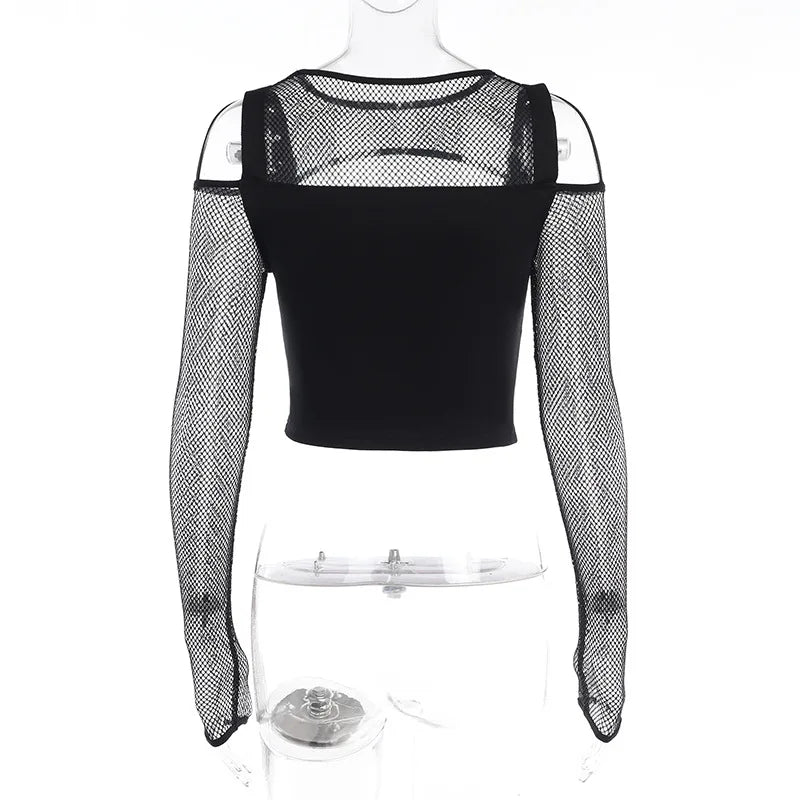 Goth Dark Mall Gothic Fishnet Patchwork T-shirts Grunge Punk Hollow Out Buckle Crop Tops Techwear Fashion Female Alt Streetwear
