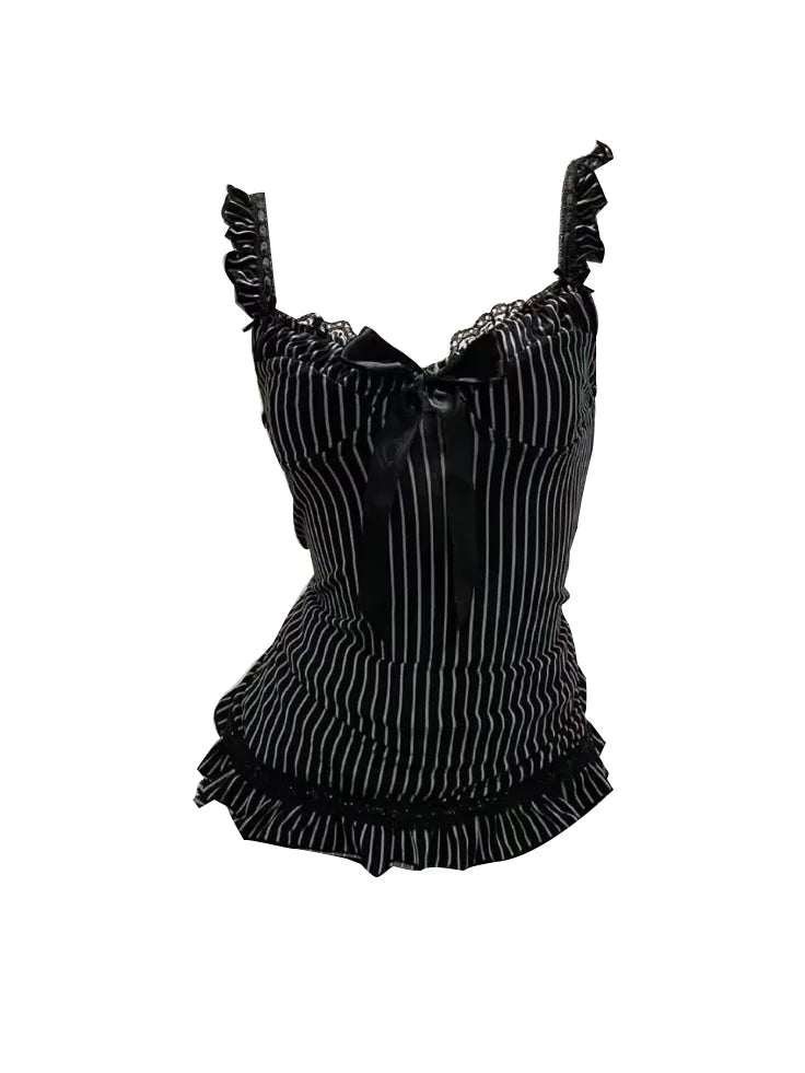 Zip Vintage Personality Tank Tops Woman's Clothing Summer Daily Stripes Camisole Y2K Popular Sexy Singlet Female Sleeveless Vest Black 2