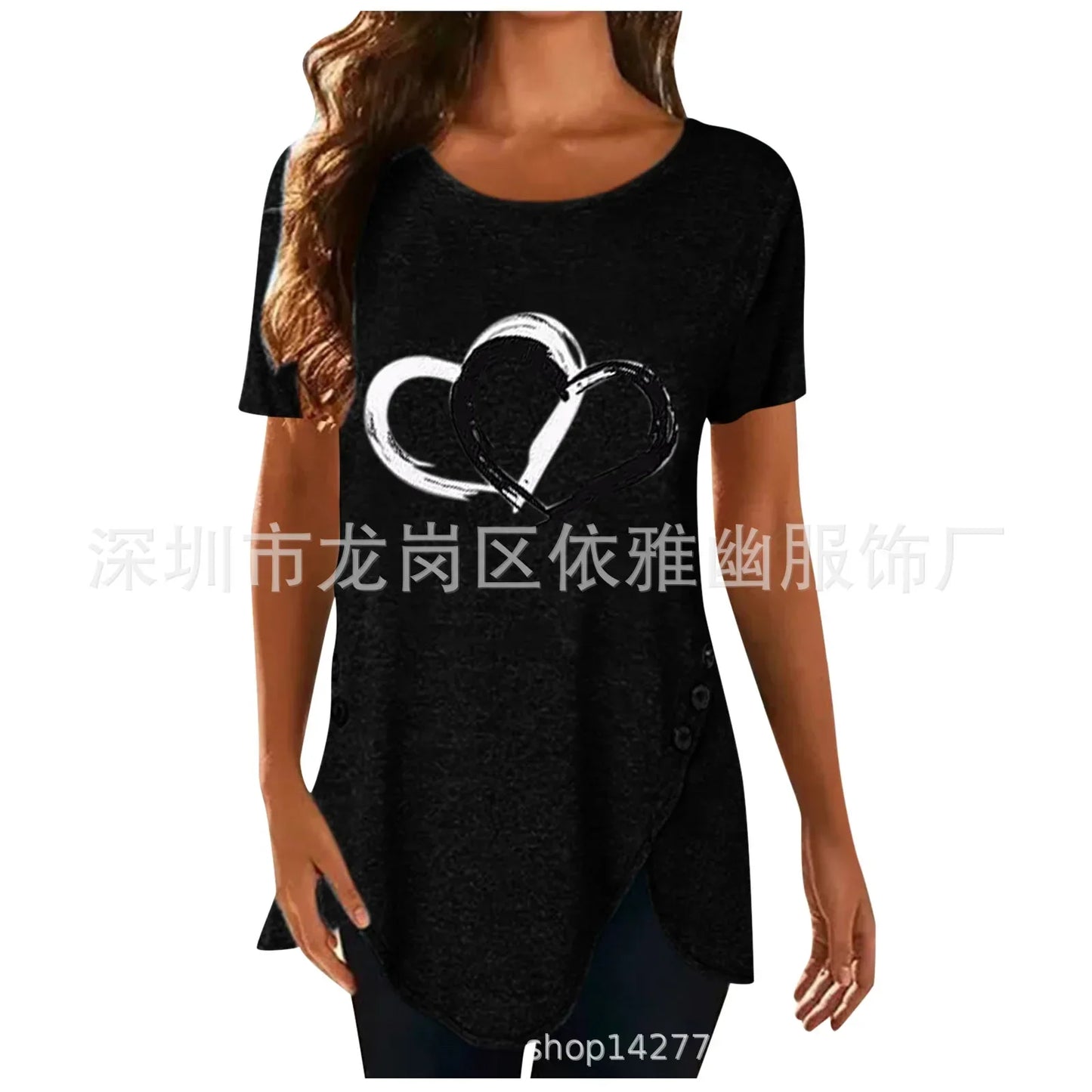 Women's Short-sleeve Heart Printed T-shirt Summer Casual Loose Long Top Tee Shirt Clothing Fashion T Shirt Streewear Oversized black
