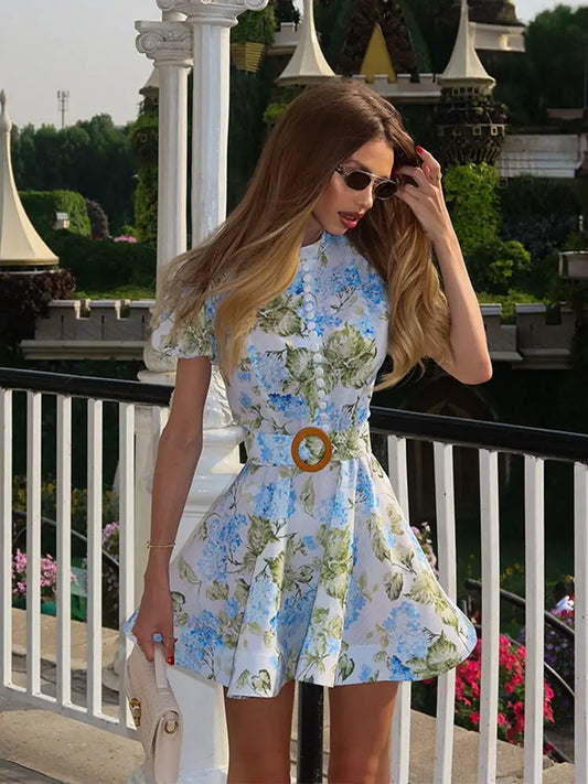 Women Floral A-line Mini Dress Short Sleeve Button-front Stand Collar Belted 2025 Summer Elegant Vestido Ladies Chic Party Dress