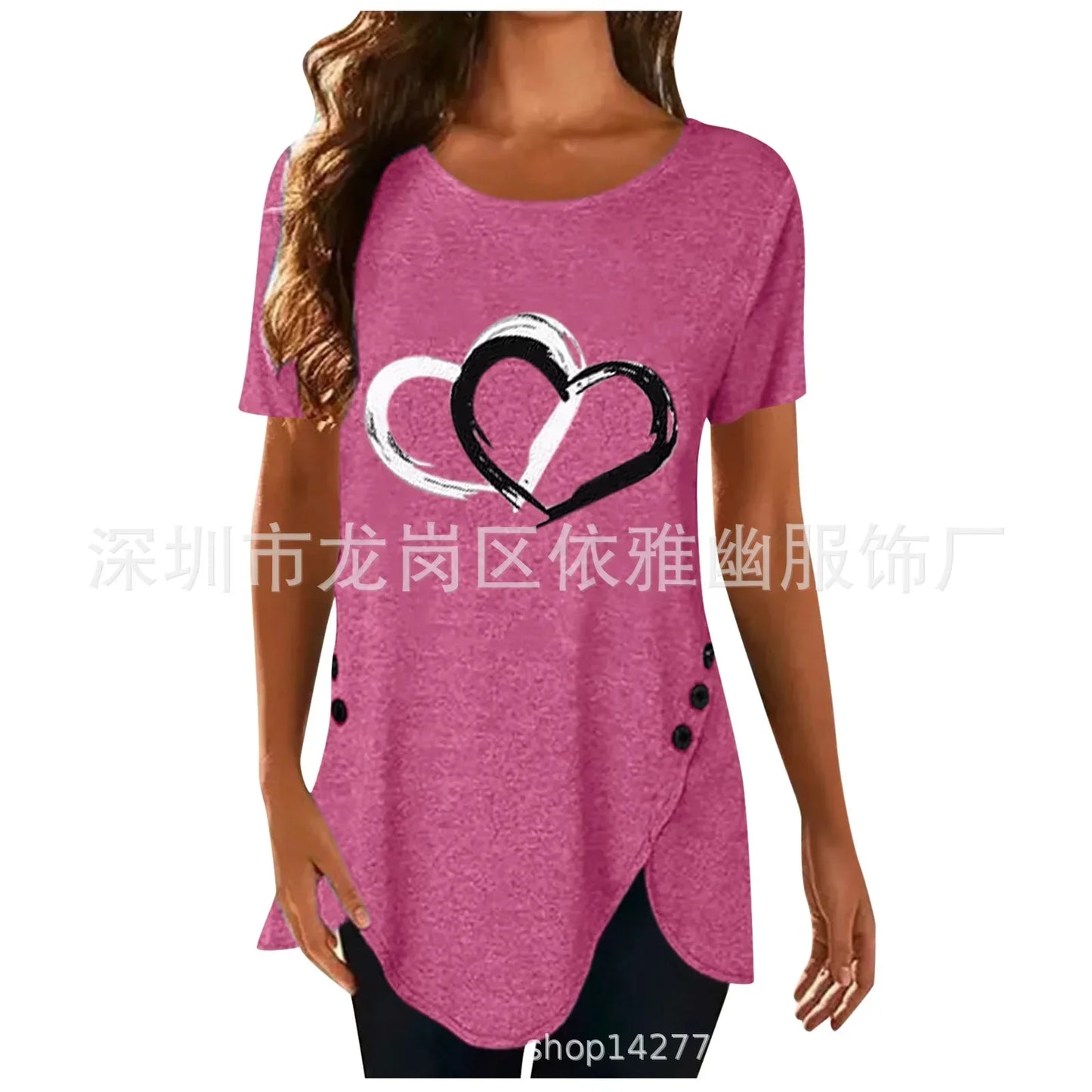 Women's Short-sleeve Heart Printed T-shirt Summer Casual Loose Long Top Tee Shirt Clothing Fashion T Shirt Streewear Oversized Red