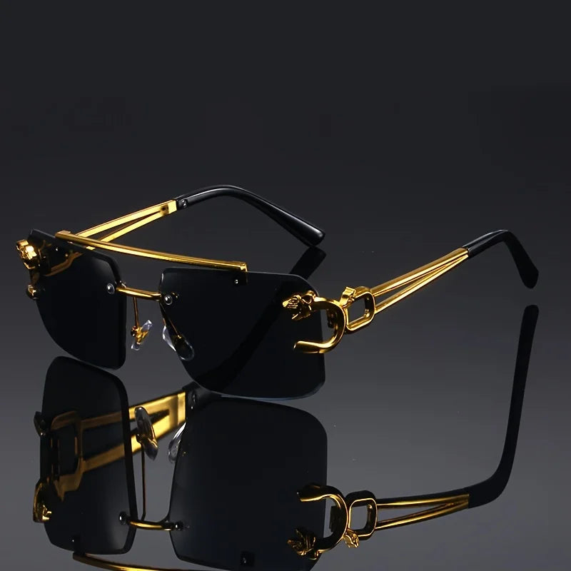 Vintage Luxury Golden Fahsion Glasses Cool Tiger Stand Women's Frameless Black For Men And Women Outdoor Travel Anti Glare Glass Badiee Stylez