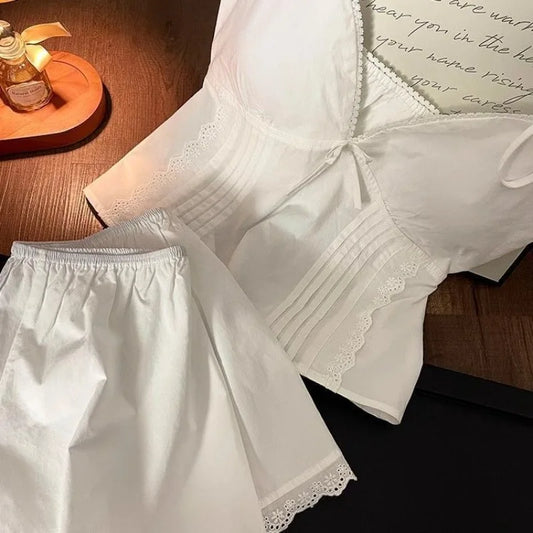 Lace Sleepwear Women Pajama Sets Spaghetti Strap Piiama Shorts Sets 2 Pieces Korean Night Wears Summer Cute White Home Suit 2025