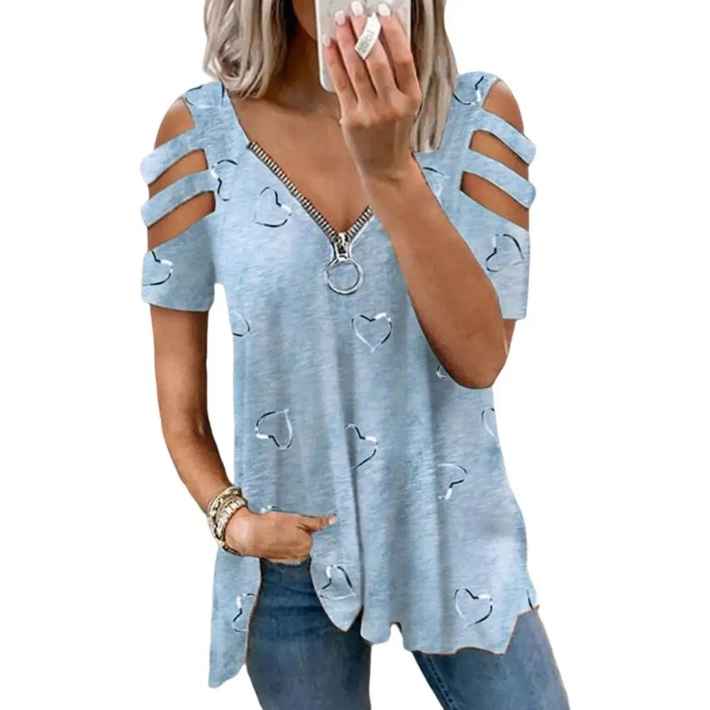 Women Summer Top V Neck Low-cut Hollow Out Short Sleeves T-shirt Match Pants Loose Plus Size Women Blouse Women Clothes Blue
