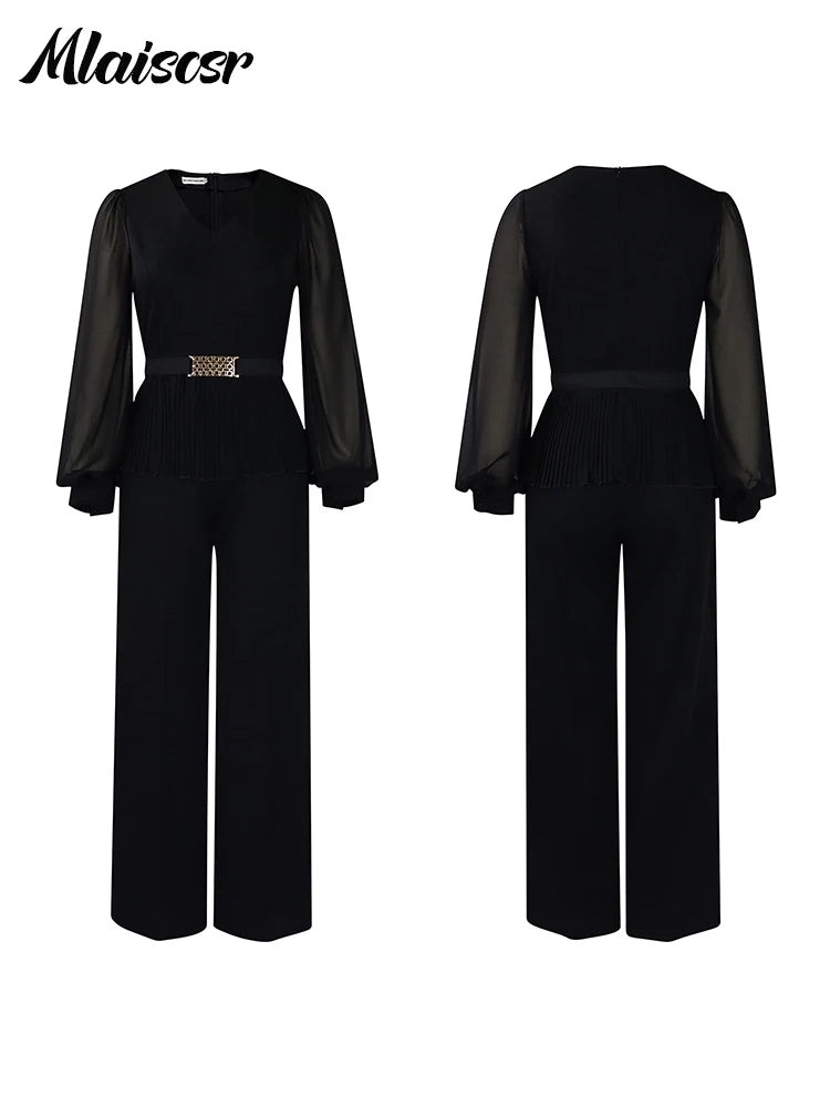 Mlaiscsr Elegant Long Sleeve V-neck Pleated Belt Top and Wide Leg Pant Matching 2 Piece Sets African Women Office Lady Outfits