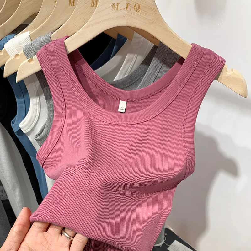 2025 Summer Women Sleeveless Tank Tops Fashion Crop Top O-neck Fitness Knitted Ribbed Vest Female Solid Camis Cropped Streetwear