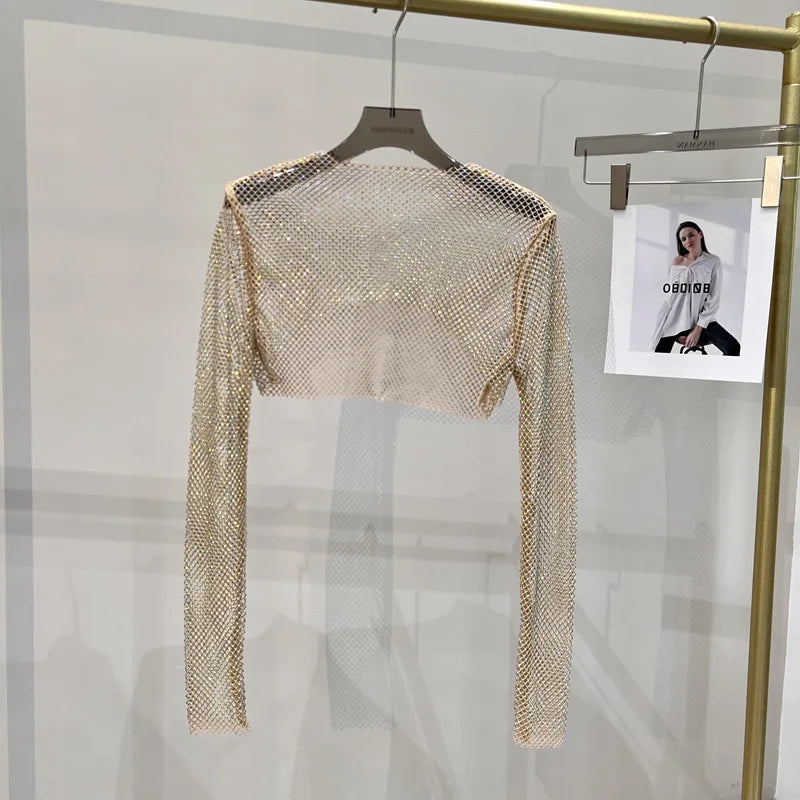 2023 new sexy bright diamond short top Slim thin Ms. hot drill long-sleeved T-shirt sexy leak waist nightclub Khaki One Size