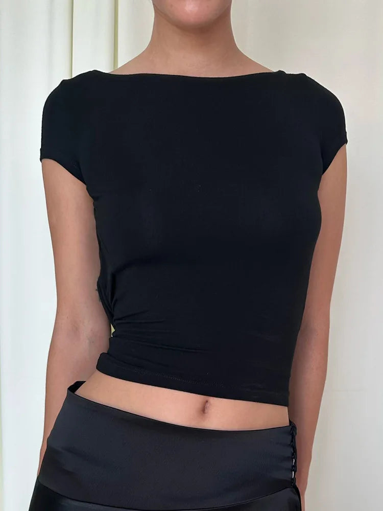 O Neck Short Sleeve Backless Ruched Crop Top Women'S Tshirt Y2K Streetwear Summer Spring Dropshipping Casual Clothing