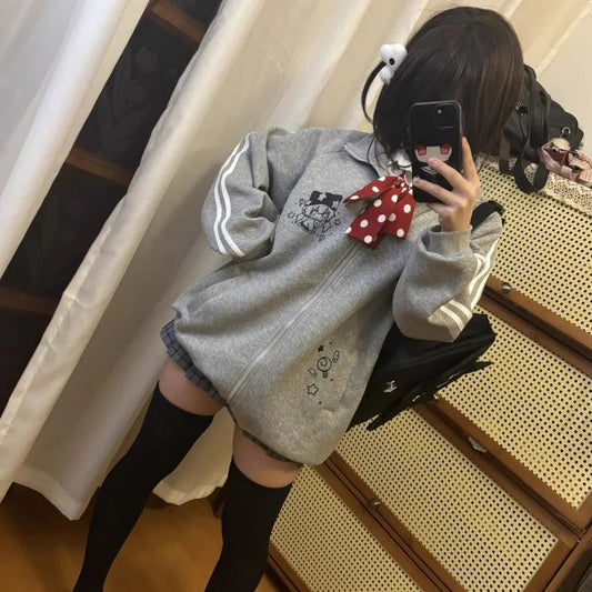 Preppy Style Fashion Cute Japanese Zip Up Cardigan Harajuku Punk Grunge Loose Turn Down Collar Y2k Hoodies Casual Sweatshirts Badiee Stylez