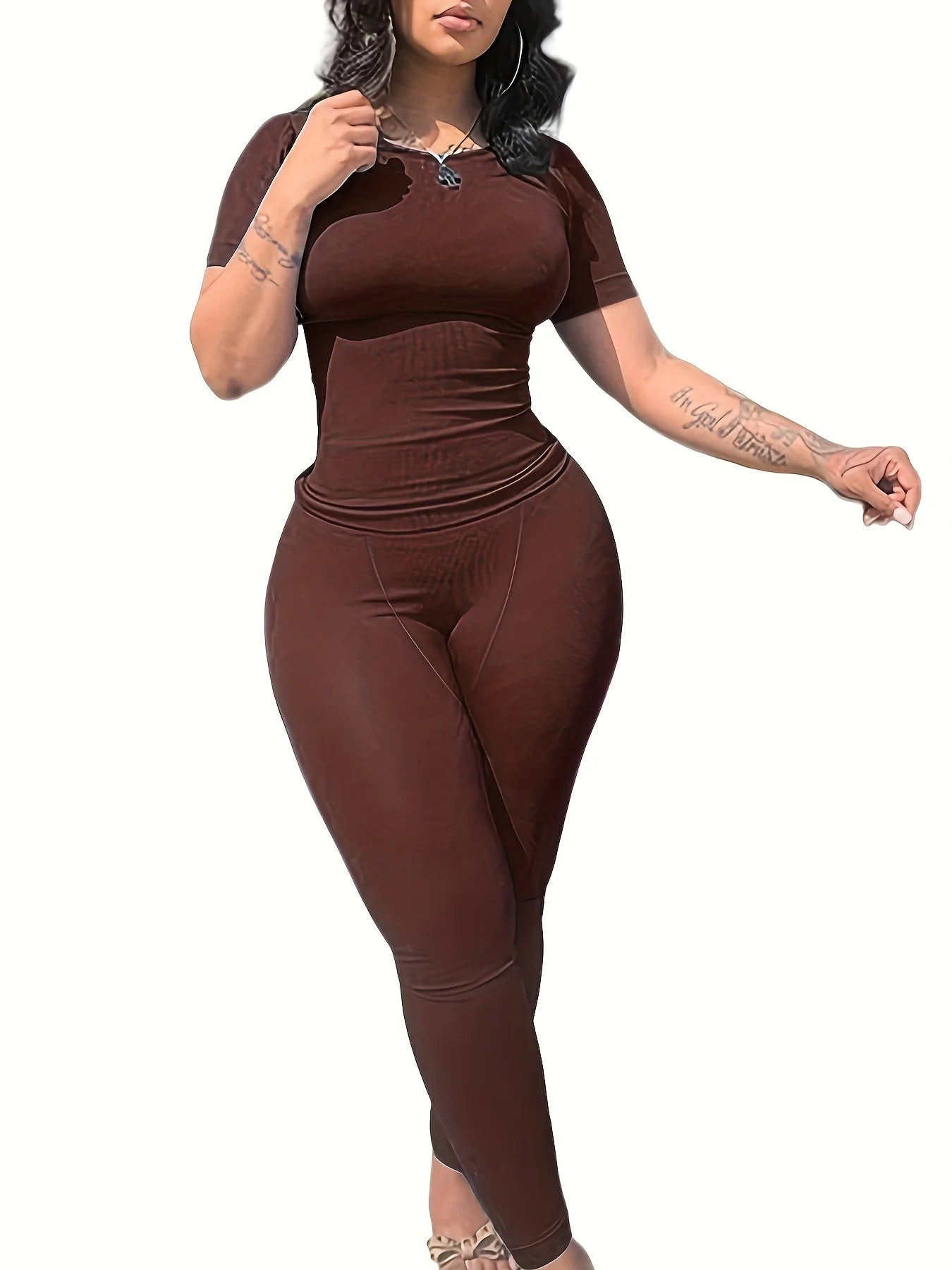 New style Lounge Wear Ribbed Casual 2 Piece Summer Shorts Set For Women Sleeve Top+Elastic Leggings Outfits Brown