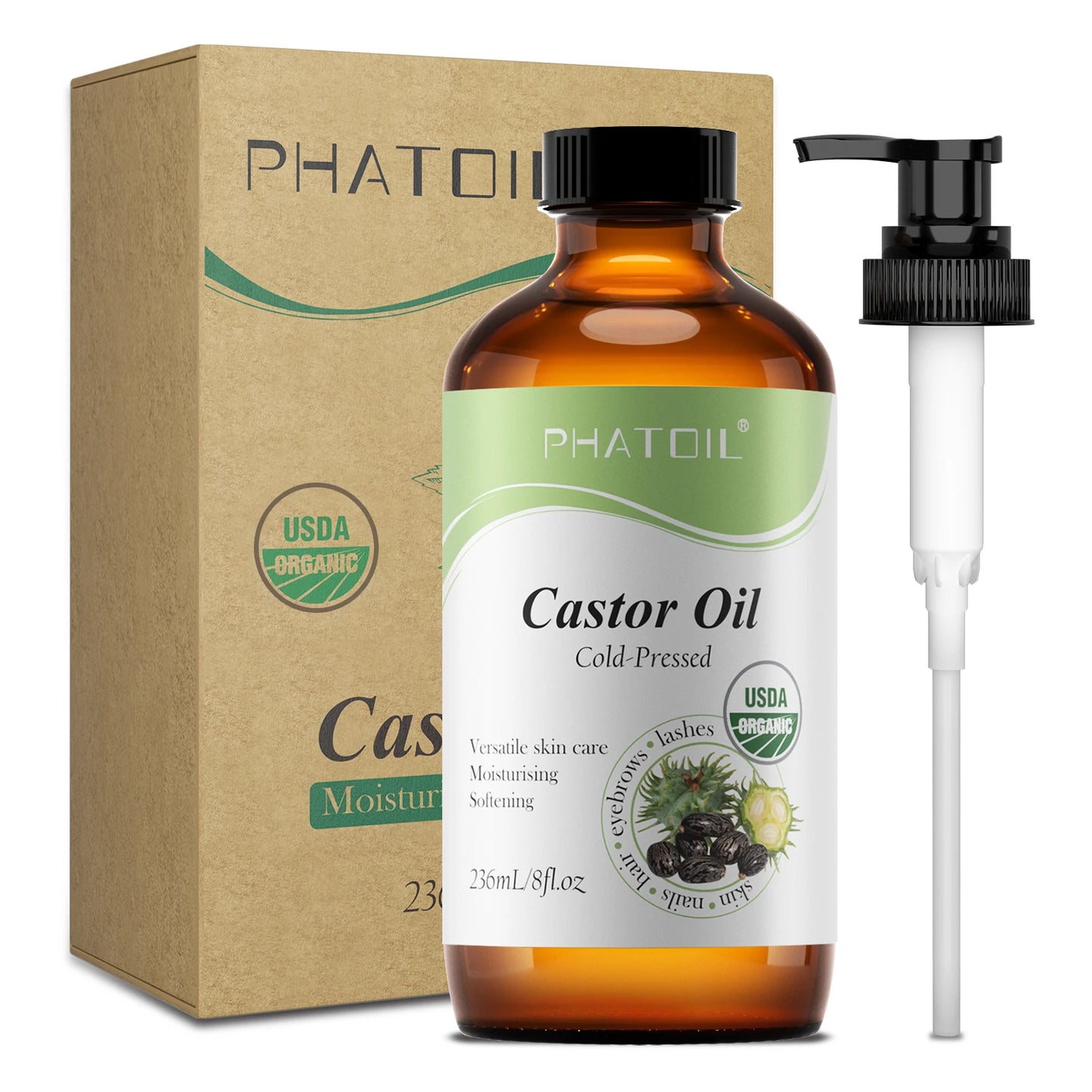 PHATOIL 118ml/236ml Organic Castor Oil 100% Pure and Natural Cold Pressed Castor Oil for Hair Growth, Eyelashes and Eyebrows - Badiee Stylez