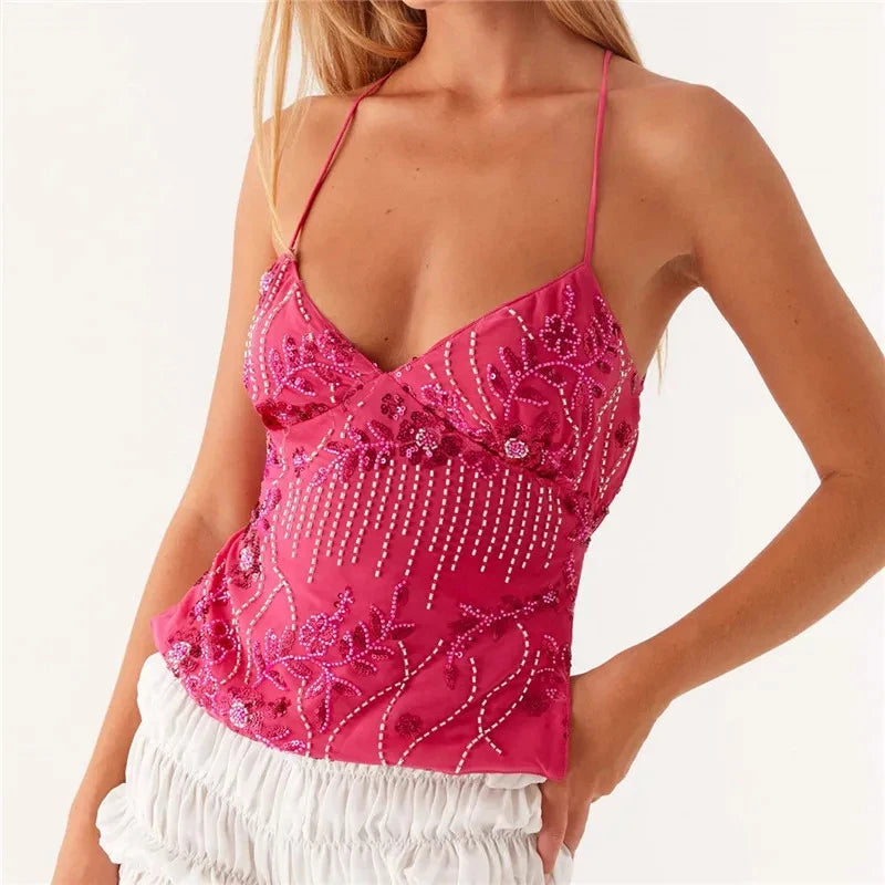 Y2k Sequin Beaded Halter Tops Boho Beach Backless Camis E-girl Sexy Club Party Sleeveless Shirt Vest Vintage Crop Tops Women Type 11
