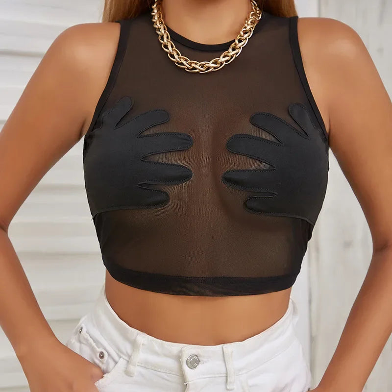 Fashion Round Neck Sleeveless Y2k Top Sexy Net Yarn Slightly Sheer Women Clothing High Stretch Embroidery Streetwear Crop Top