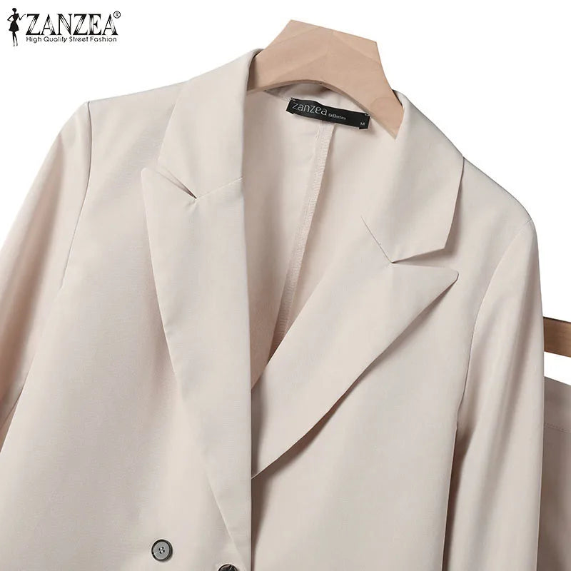 ZANZEA Korean Fashion Blazer Tops 2pcs Suits Autumn 2024 Solid Color Women Elegant Pant Sets Trousers Commute Blazer Suits
