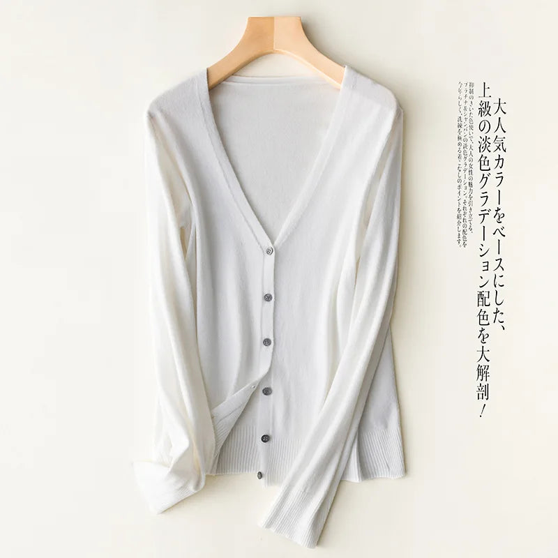 Women Cardigans 2025 Single Breasted Solid Knitted Shirt Spring Autumn Cardigan Korean Fashion V-neck Sweaters Knit Outerwear WHITE