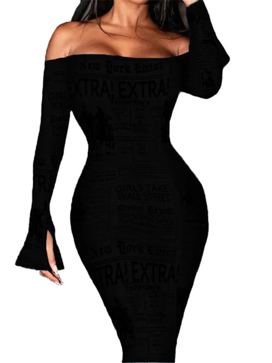 Europe and America autumn off-shoulder sexy snake pattern long sleeve waist-cinching dress Badiee Stylez