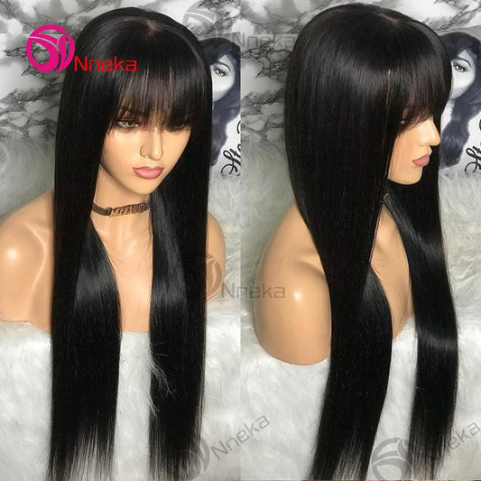 Bone Straight Human Hair Wig With Bangs For Women 30 Inch Brazilian 3x1 Lace Wigs Glueless Wig Human Hair Natural Black Color Badiee Stylez
