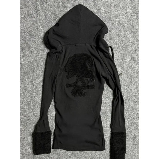 Deeptown Y2k Black Vintage Printed Hoodies Women V Neck Long Sleeve American Fashion Hooded Sweatshirt Streetwear Hip Hop Spring