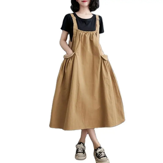 Female Dress Summer Mid-Length Loose Solid Color Pocket Swing Chic Casual Straps Dresses New Women Dress Vestidos Selling