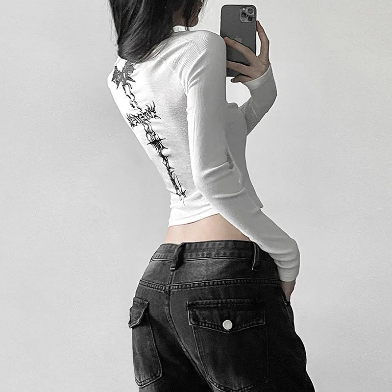 Y2K T Shirts Vintage Women O-neck Tee Long Sleeve Grunge Print Casual Crop Tops Female Graphic Korean Fashion Crop Tops EMO