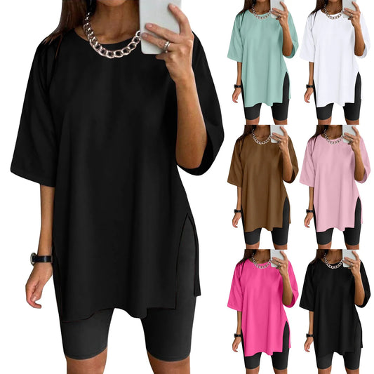 Extra Long Tops Women Oversize Sports Short Sleeve Blouses Summer Loose Tops Crew Neck Solid Large Size Side Split Pullover