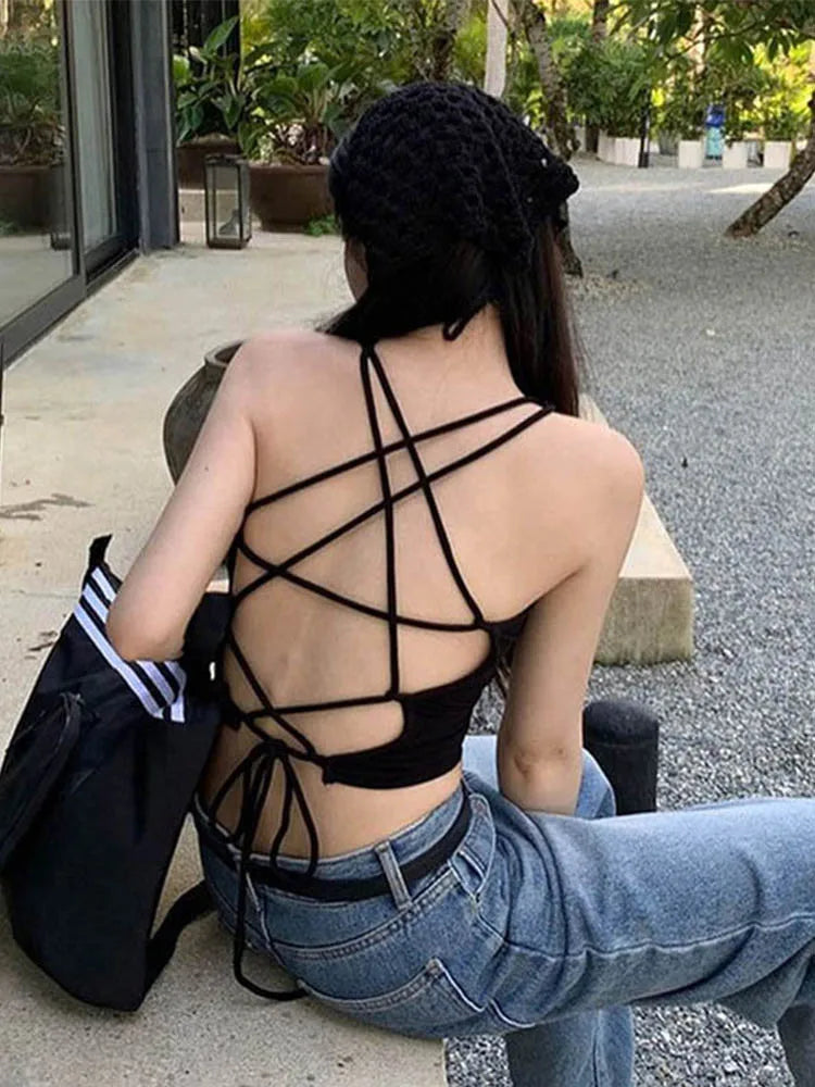 Y2K Women's Tops Backless Crop Top Sleeveless Sexy Cute Black Vest Tank Top Summer Cropped Vest Female 2000S Clothing