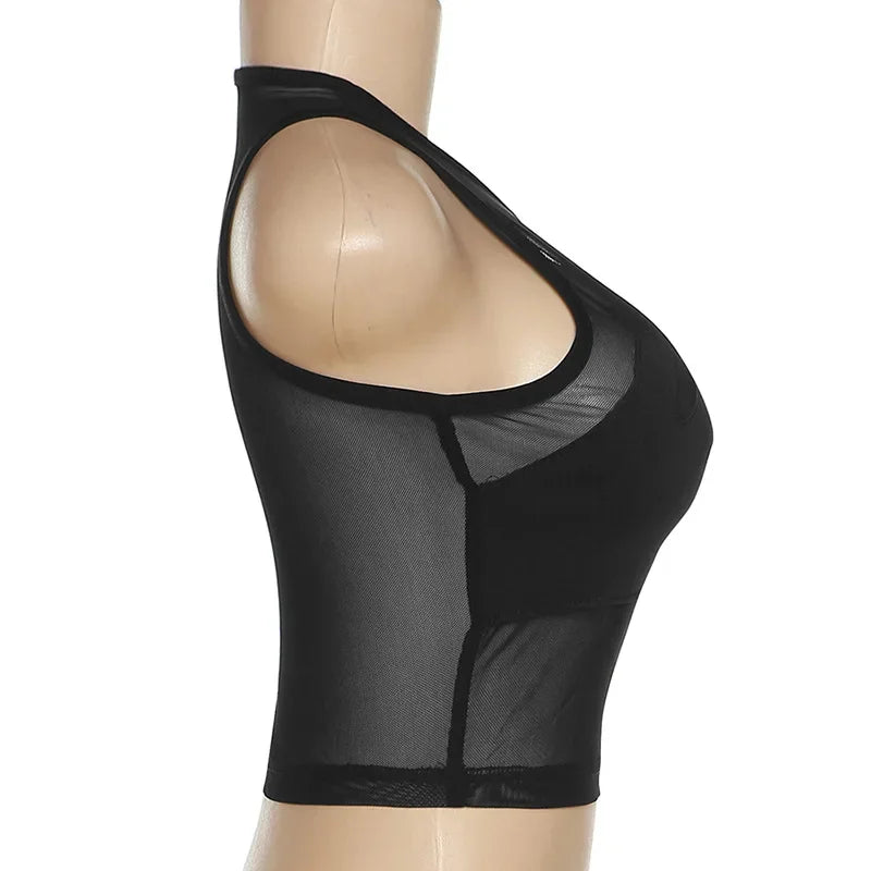 Fashion Round Neck Sleeveless Y2k Top Sexy Net Yarn Slightly Sheer Women Clothing High Stretch Embroidery Streetwear Crop Top