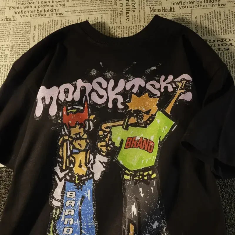 Fashion American Street Cartoon Print T-shirt Female Summer Y2k Street Hip-hop Loose Short-sleeved Top Women's Clothing Y2K Top QL1376B-Black