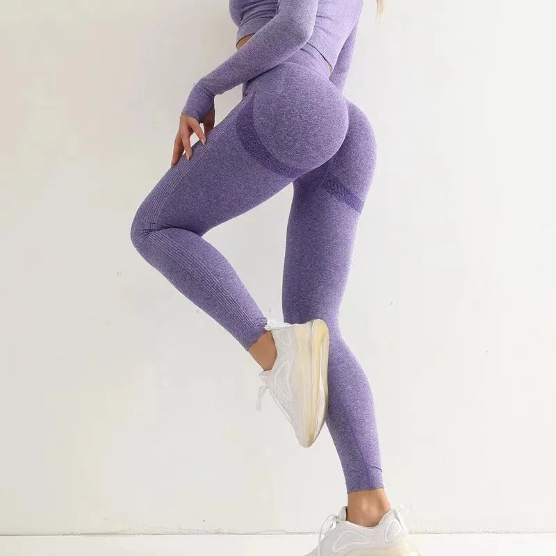 Fitness Women Sport Seamless Leggings High Waist Elastic Solid Yoga Leggings Gym Jogging Quick Dry Push Up Slim Pants Female PURPLE