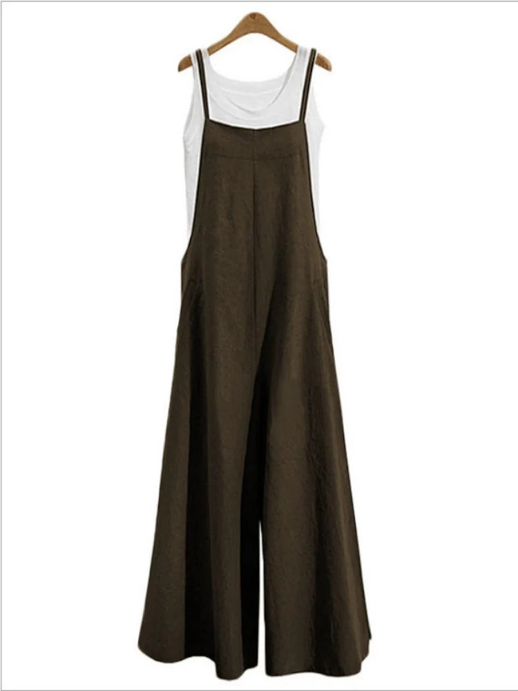 Women Straps Jumpsuit Summer Solid Color Wide Leg Pants Dungaree Bib Overalls Casual Loose Sleeveless Cotton Linen Jumpsuits 5Xl Badiee Stylez