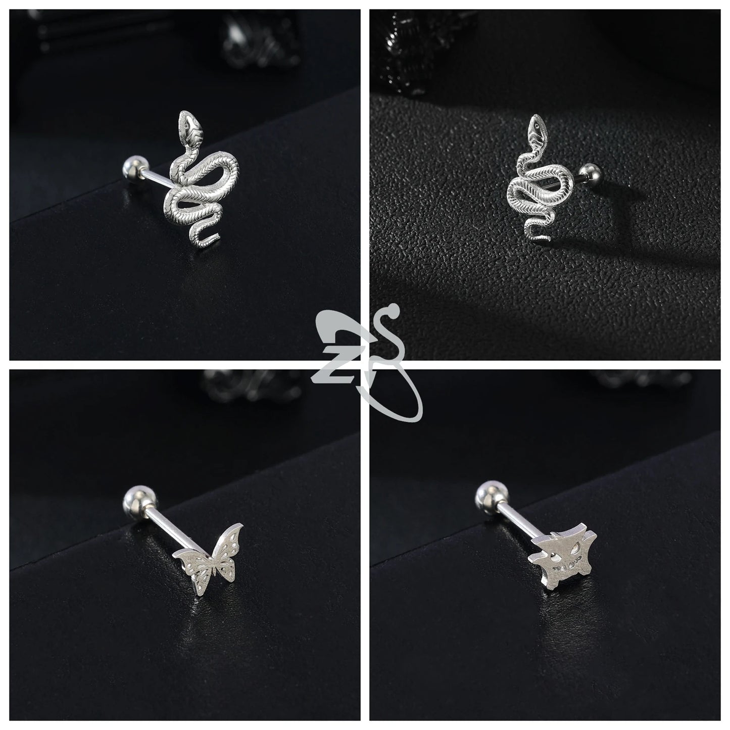 ZS 1 Piece 14G Stainless Steel Tongue Piercing Ring Colorful Butterfly Bone Tongues Stud Punk Skull Snake Body Piercings Jewelry