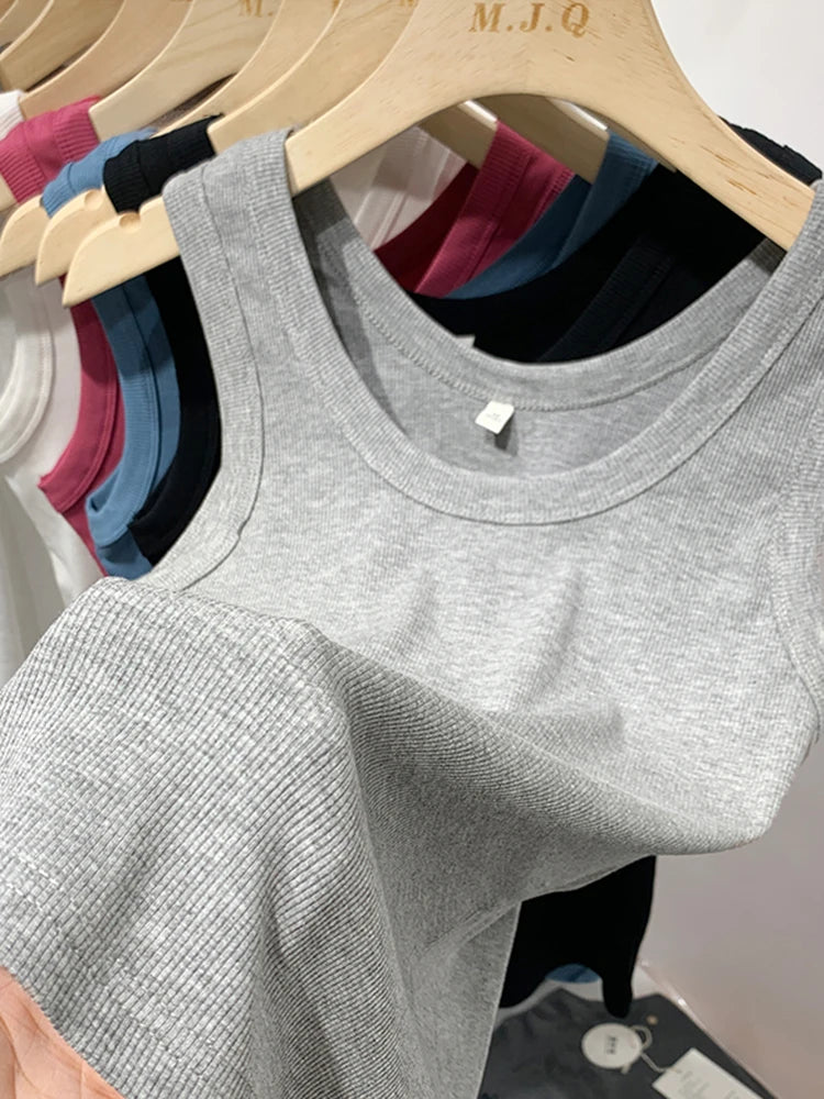 2025 Summer Women Sleeveless Tank Tops Fashion Crop Top O-neck Fitness Knitted Ribbed Vest Female Solid Camis Cropped Streetwear