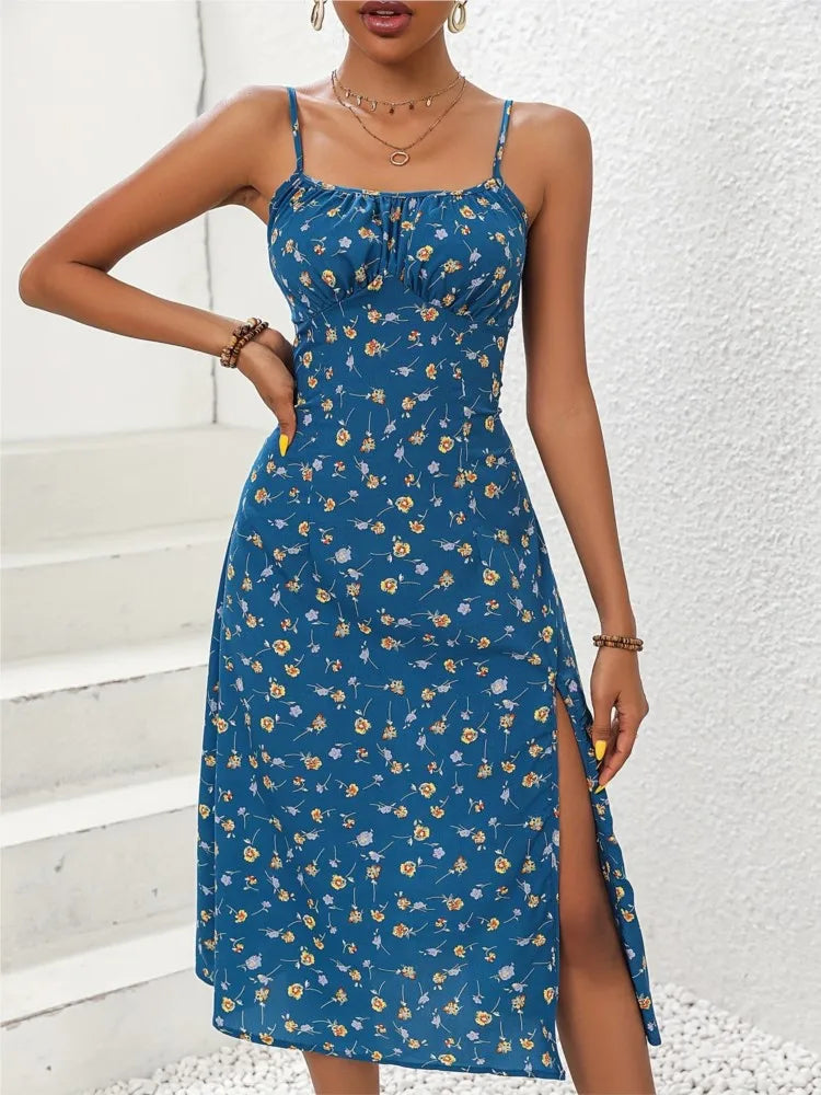 2024 Summer Sexy Spaghetti Straps Dress Women Fashion Polka Dot Print Sleeveless Slit Dress Boho Casual Beach Midi Dresses Badiee Stylez