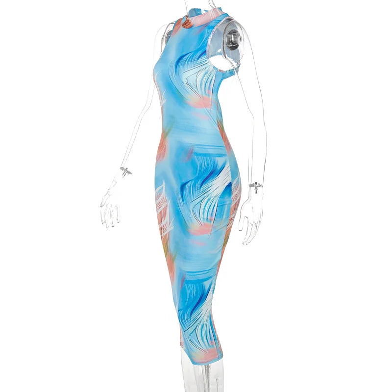 Hugcitar Tie Dye O Neck Sleeveless Backless Sexy Bodycon Slit Midi Dress 2023 Summer Women Fashion Clothes Y2K Streetwear Party