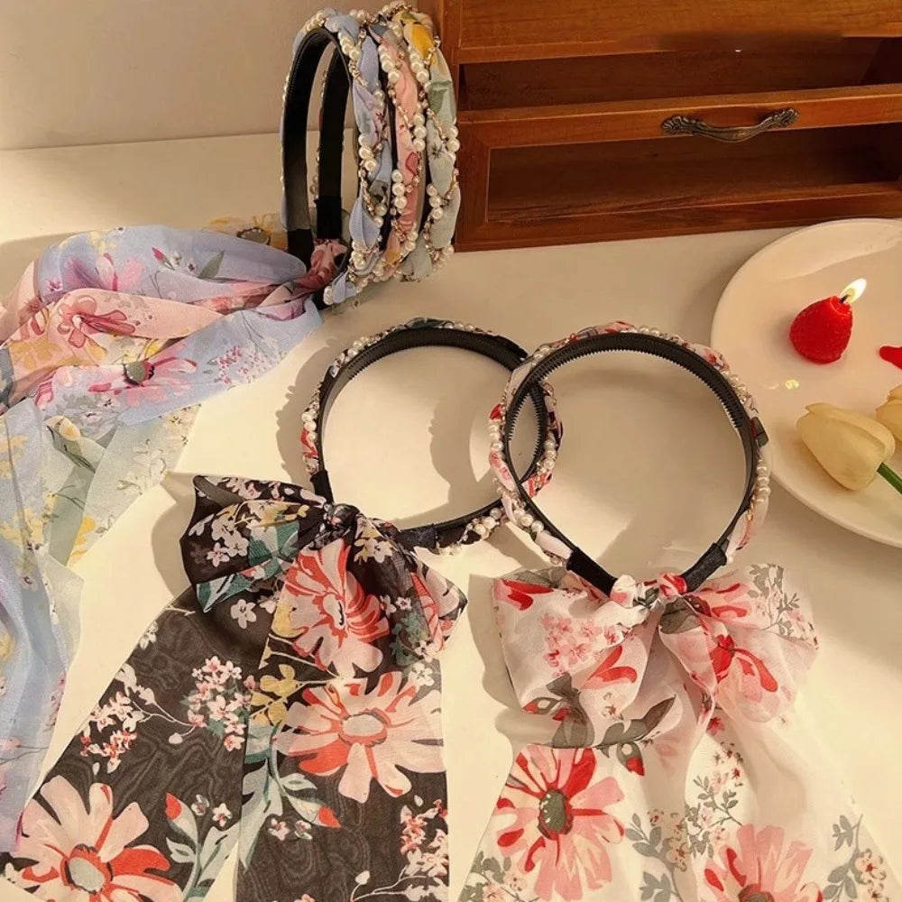 Retro Silk Scarf Headband Floral Print Pearl Braided Hairband Adjustable Bow Non Slip Ribbon Hairband for Women Girls Kid