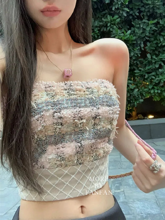 Sexy Camis Plaid Chic tube top Slim Korean Tanks Top Sleeveless Elegant Crop Top Summer Women Bustier