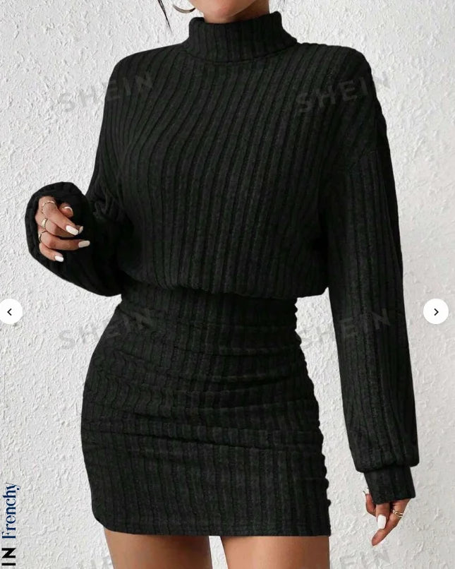 Women's Autumn Winter Fashion High Neck Knitted Sweater Dress Female Casual Solid Loose Long Sleeve Warm Mid Length Dresses Badiee Stylez