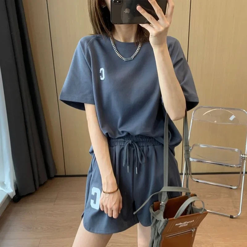 Bull Horn Sleeve Casual Sports Suit Women's Summer Thin Style Summer Running Fashion Western-Style Short Sleeved Shorts Pajamas DarkGray