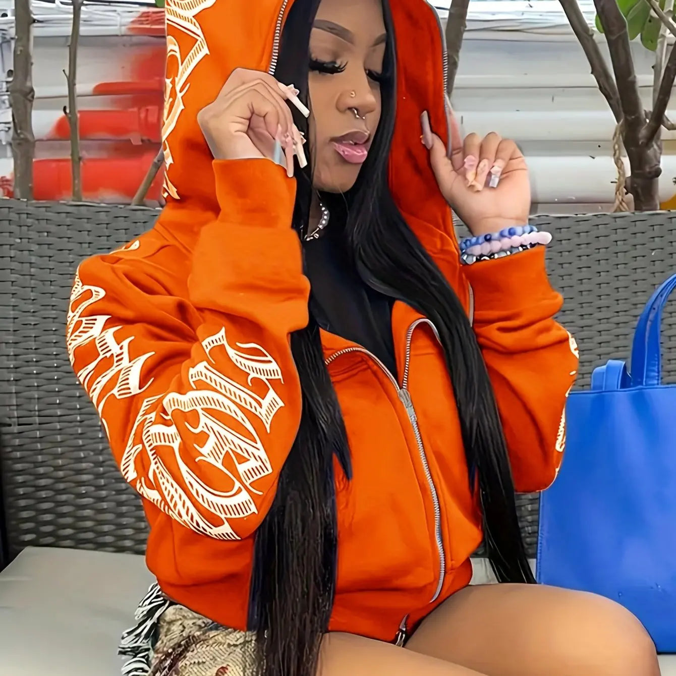 Letter Print Long Sleeve Zip Up Hoodies, Cyber Y2K Gothic Punk Sweatshirt, Women's Clothing Red Orange