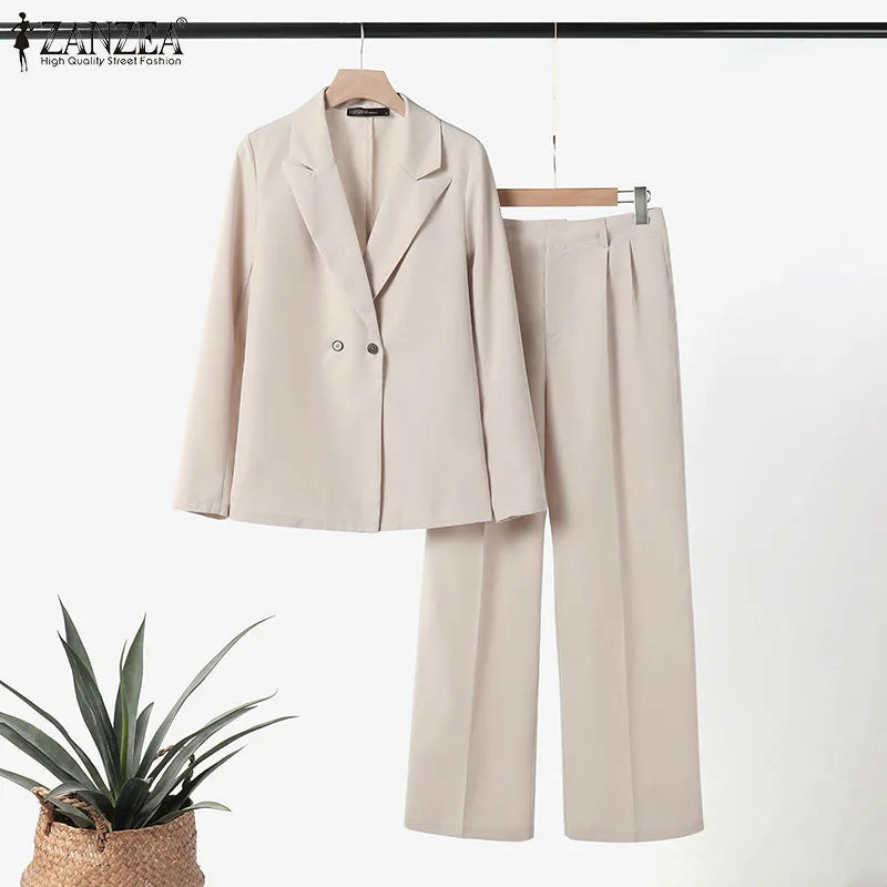 ZANZEA Korean Fashion Blazer Tops 2pcs Suits Autumn 2024 Solid Color Women Elegant Pant Sets Trousers Commute Blazer Suits