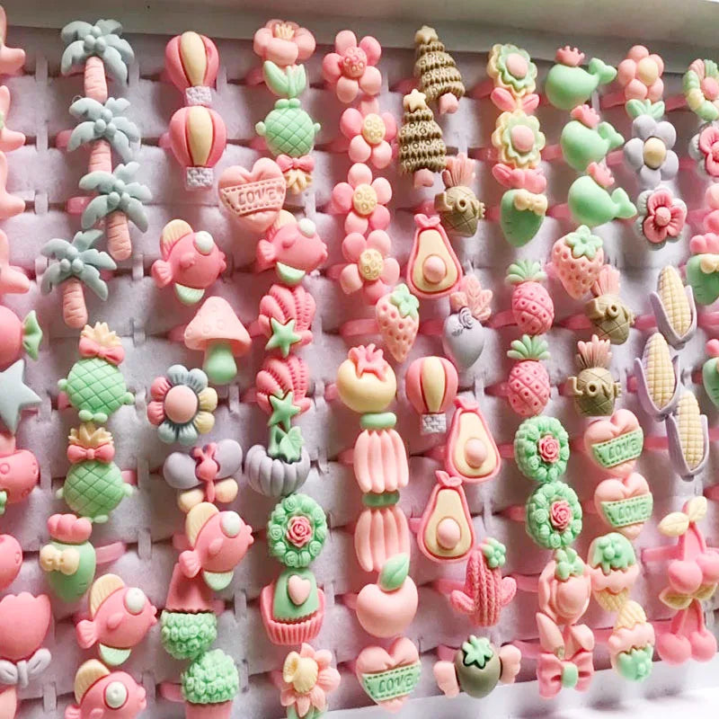 10pcs/lot Children's Cartoon Rings Candy Flower Animal Bow Shape Ring Set Mix Finger Jewellery Rings Kid Girls Toys Anillo