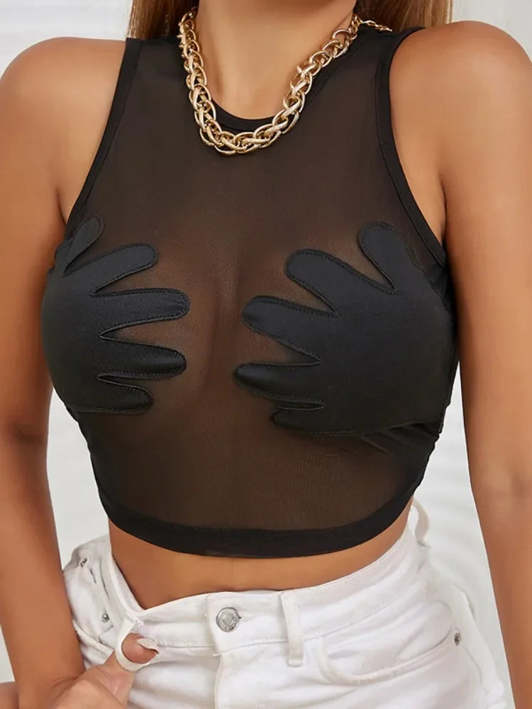 Fashion Round Neck Sleeveless Y2k Top Sexy Net Yarn Slightly Sheer Women Clothing High Stretch Embroidery Streetwear Crop Top