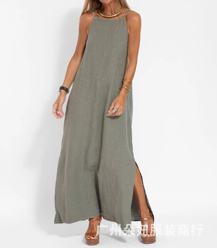 Women Cotton linen Side Split Long Slip Dress Summer Lady Strapless Solid Color Holiday Party Dresses FYY-10080 Army Green